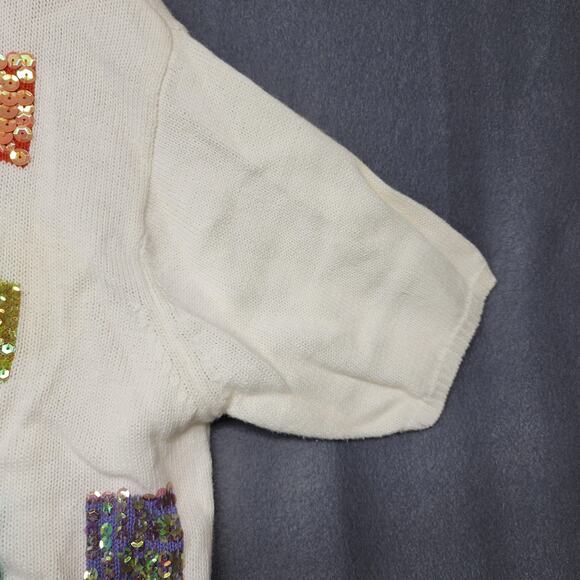 Terazzo Cardigan Sweater Womens Large White Short Sleeve V Neck Sequin Patchwork - Picture 9 of 16